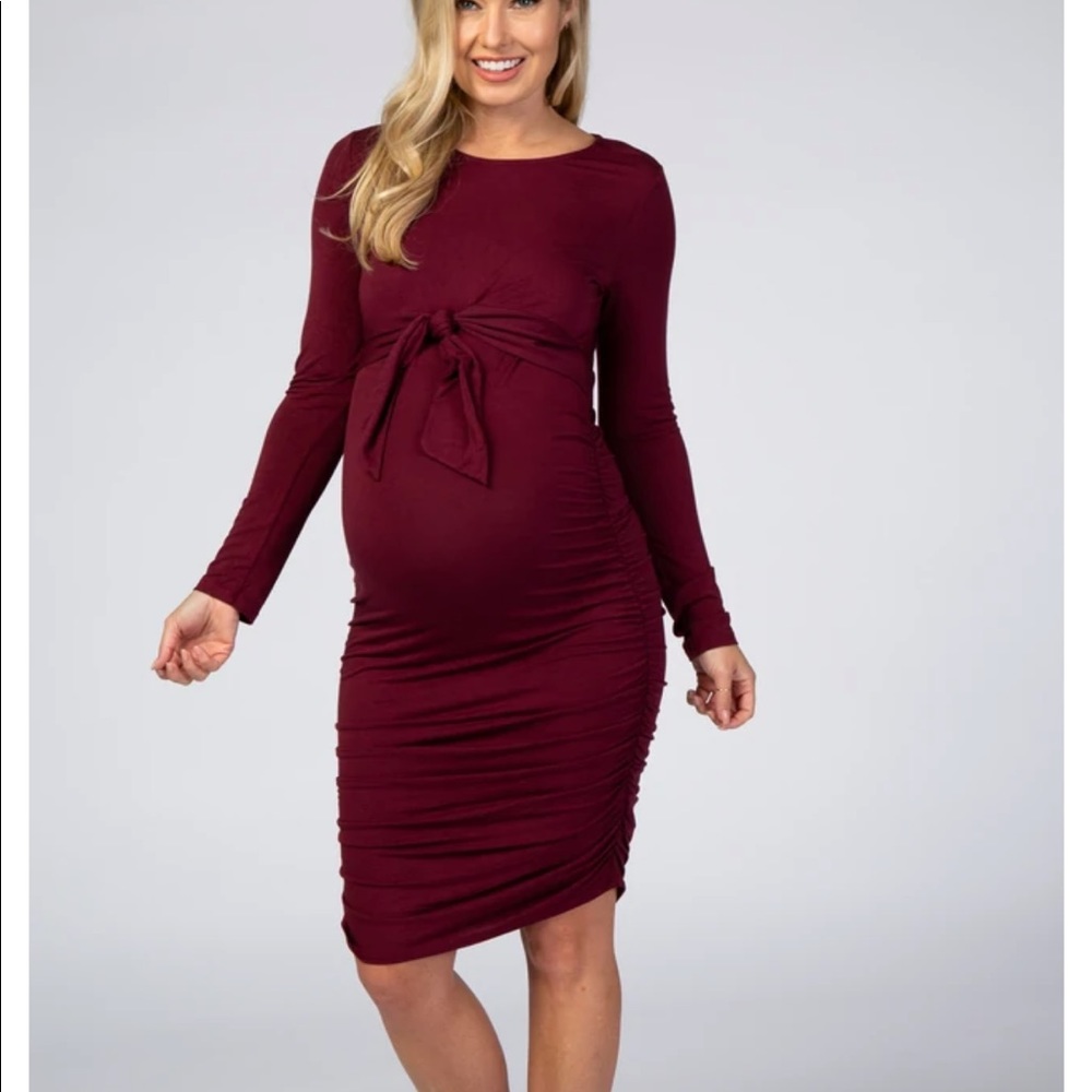 Pink Blush Burgundy Ruched Fitted Front Bow Maternity/Nursing Dress